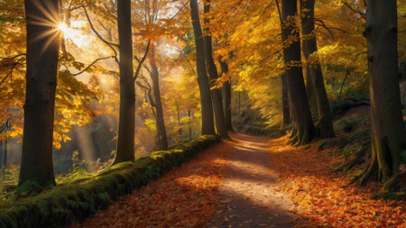 Path in the autumn forest with golden leaves and sunbeams.の写真素材