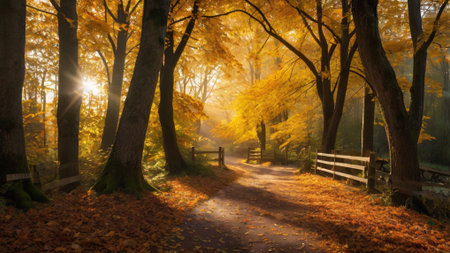 Autumn landscape with a path in the forest and golden trees.