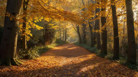 Autumnal path through the forest with yellow leaves in the foregroundの写真素材