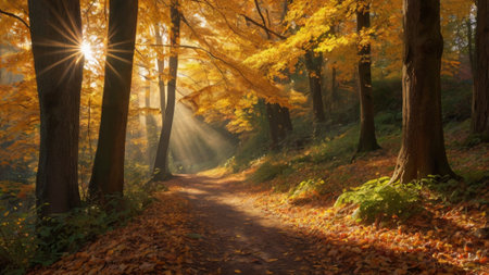 autumn forest with sun rays in the morning. beautiful nature sceneryの写真素材