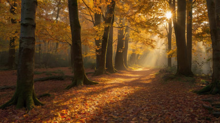 Autumnal forest with sunbeams and fog in the morning