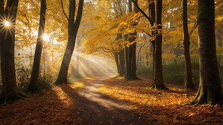 Autumn landscape with fog in the forest. Road in the autumn forestの写真素材
