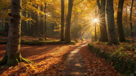 Path in autumn forest with sun rays shining through branches and leaves.の写真素材