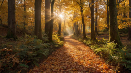 Autumnal forest with sun rays passing through the trees and leavesの写真素材