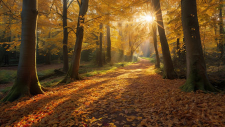 Autumn forest with sunbeams and sunbeams in the morningの写真素材