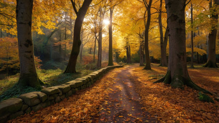 Autumn alley in the park at sunset. Colorful autumn landscape.