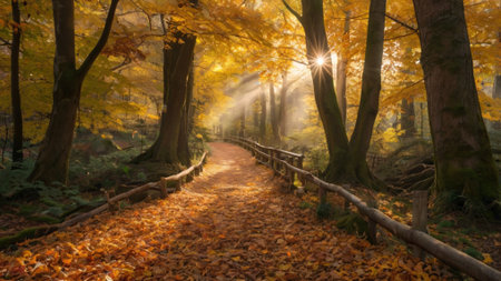 Path in the autumn forest with golden leaves and sunbeams.の写真素材