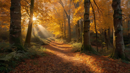 Path in the autumn forest with sunbeams passing through the trees