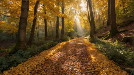 Beautiful autumn landscape in the forest with sunbeams and lens flareの写真素材