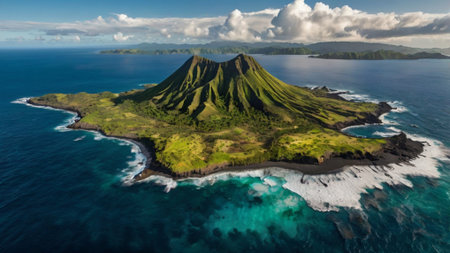 Aerial view of volcano on an islandの写真素材