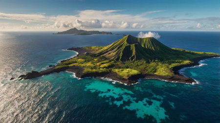 Aerial view of volcano on an islandの写真素材