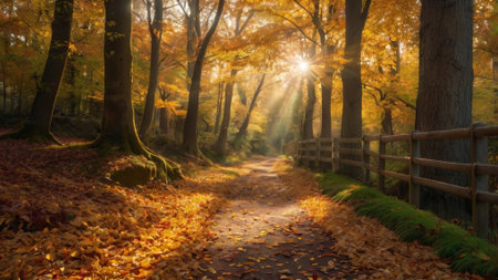 Autumn forest in the rays of the sun. The path in the autumn forest.の写真素材