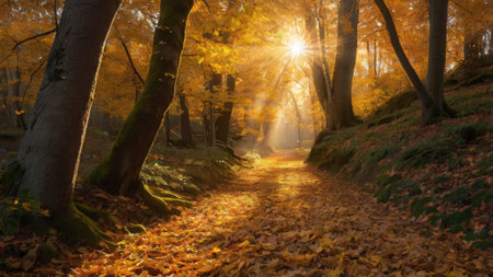 Path in autumn forest with sunbeams shining through the trees.の写真素材