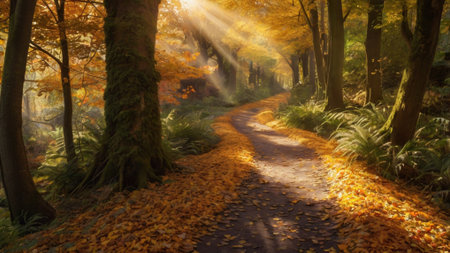 Autumnal path in the forest with sunbeams passing throughの写真素材