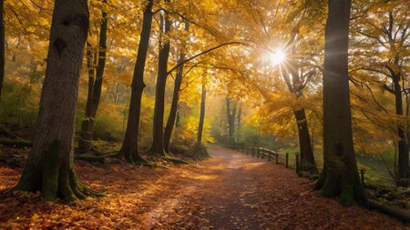 Autumn forest with sunbeams in the morning, nature seriesの写真素材