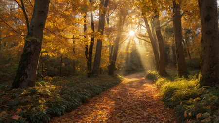 Autumnal forest with sun rays shining through the trees and pathの写真素材