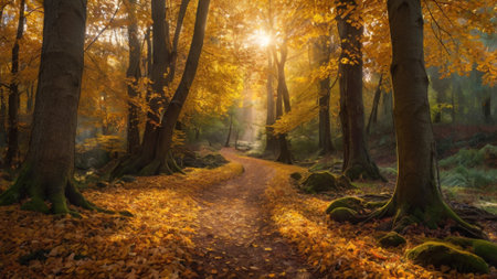 Path through the autumnal forest with sun rays passing through the trees