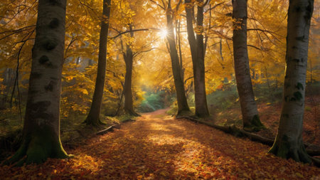 Pathway through the autumn forest with sun rays passing through the treesの写真素材