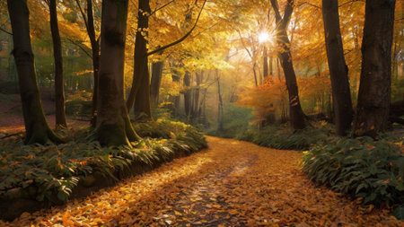 Autumn leaves in the forest with path and sunbeams.の写真素材