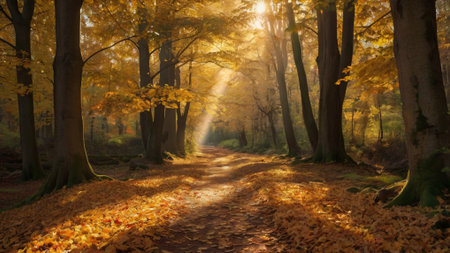 Path in the autumn forest with sunbeams shining through the trees