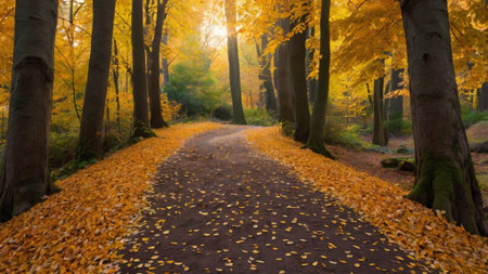 Path in the autumn forest with fallen yellow leaves. Beautiful nature backgroundの写真素材