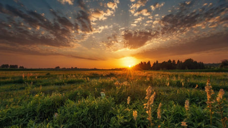 Sunset over soybean field in summer, panoramic viewの写真素材