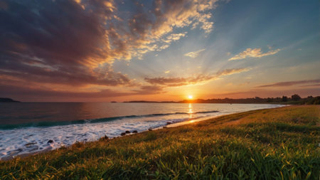 Beautiful sunset over the sea. Panoramic view. Nature backgroundの写真素材