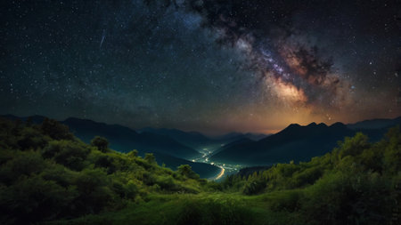 Milky way in the mountains. Panoramic view of the night landscape.の写真素材