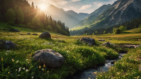 Mountain landscape with fresh green grass and a small river at sunsetの写真素材