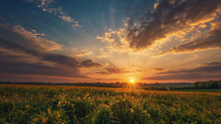 Sunset or sunrise over a field with young green grass and cloudy skyの写真素材