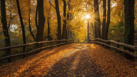 Autumn road in the forest with sun rays and yellow leaves.の写真素材