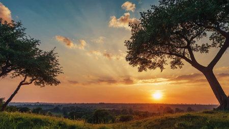 Sunset over the field with trees. Panoramic view.の写真素材