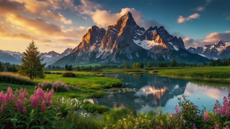 Beautiful alpine landscape with lake and mountains in background at sunset