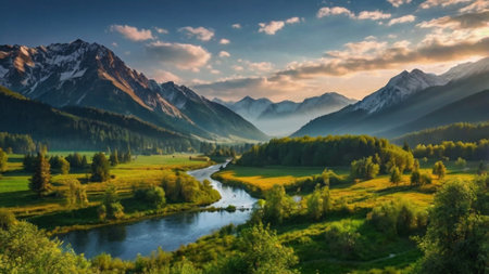 Panoramic view of the river in the mountains. Altai, Russiaの写真素材