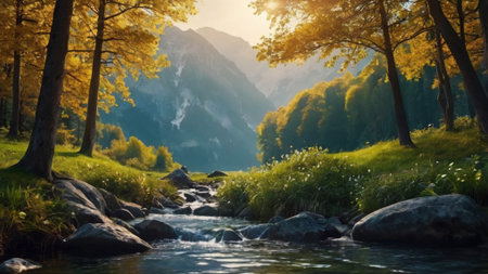 Mountain river in the forest at sunset. Beautiful nature background.の写真素材
