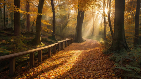 Autumn morning in the forest. The path in the autumn forest.の写真素材