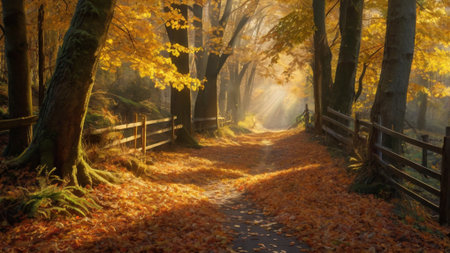 Path in the autumn forest with yellowed leaves and foggy morningの写真素材