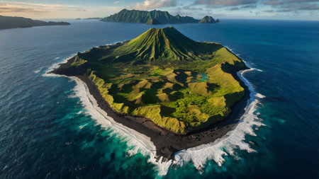 Aerial view of a volcanic island in the oceanの写真素材