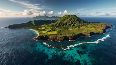 Aerial view of a volcanic island.の写真素材