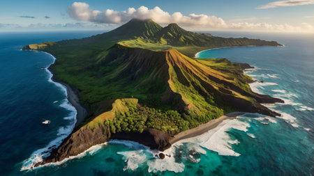 Aerial view of a volcano on an islandの写真素材
