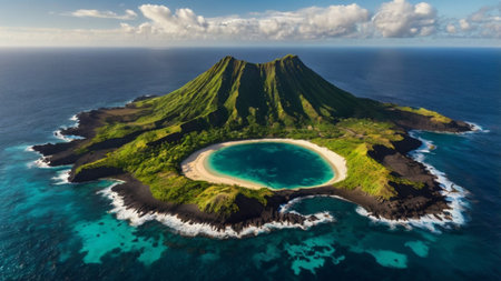 Aerial view of an island in the Pacific Oceanの写真素材