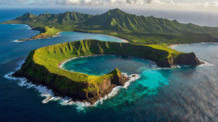 Aerial view of the island of Flores, Azores, Portugalの写真素材