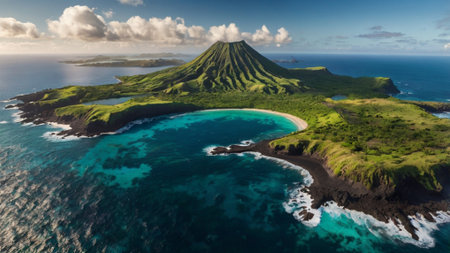 Panoramic aerial view of a volcano on an islandの写真素材