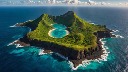 Aerial view of a beautiful island in the middle of the oceanの写真素材