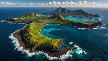 Aerial view of a volcanic island in the middle of the oceanの写真素材
