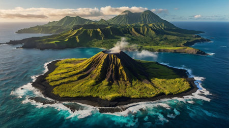 Aerial view of volcano on island, Indonesiaの写真素材