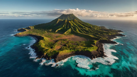Aerial view of a volcano on an islandの写真素材