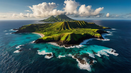 Panoramic aerial view of an island in the Pacific Oceanの写真素材