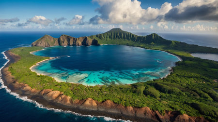 Aerial view of tropical island with turquoise sea and coral reef