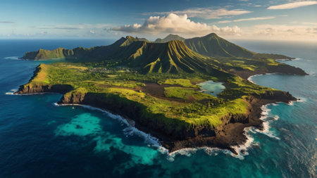 Aerial view of an island with volcanic landscape and scenic coastlineの写真素材